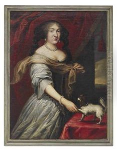 Portrait Of A Lady In A White Silk Dress, A Puppy By Her Left Hand
