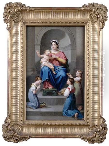 Thronende Maria Mit Kind Und Gabenbringenden Madchen - view 1