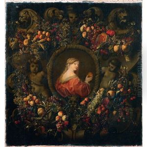 Portrait Of A Lady Holding An Apple And Wearing A Fruit Garland by Ottmar Elliger the Elder