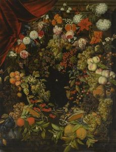 A Garland Of Flowers And Fruit Around A Stone Niche With Butterflies, A Snake And A Spider by Ottmar Elliger the Elder