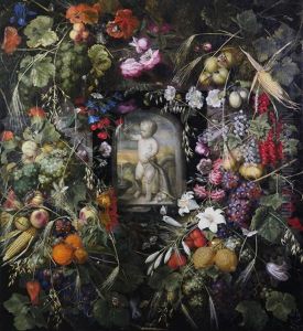 A Garland Of Flowers And Fruit Around A Niche With A Putto