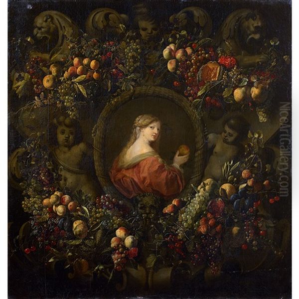 Portrait De Dame Avec Une Pomme Dans Une Couronne De Fruits - view 1