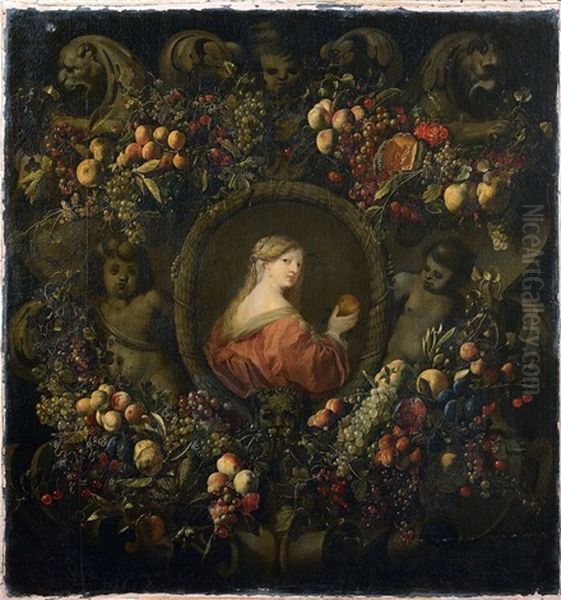 Portrait De Dame Avec Une Pomme Dans Une Couronne De Fruits - view 1