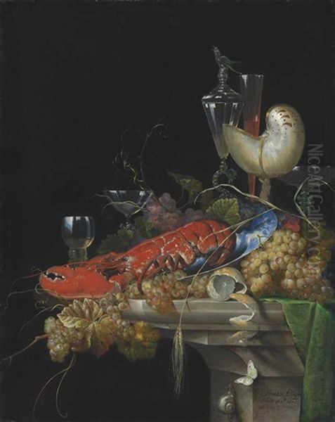 A Lobster On A White Porcelain Platter With Grapes And A Partly-peeled Lemon, A Nautilus Cup, A Roemer And Facon-de-venise Wineglasses, On A Stone Ledge, With A Snail And A Butterfly - view 1