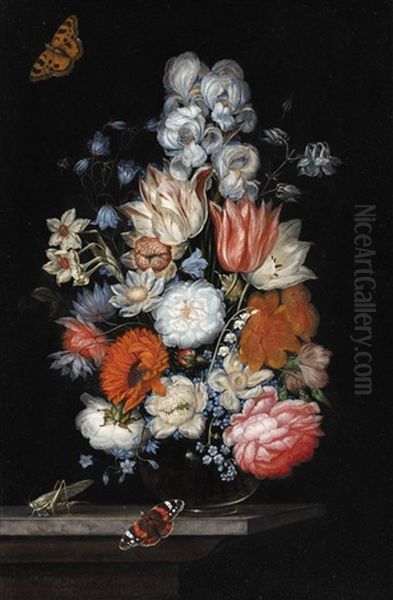 Still Life With Flowers, Red Admiral Butterfly And A Grasshopper - view 1