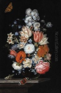 Still Life With Flowers, Red Admiral Butterfly And A Grasshopper