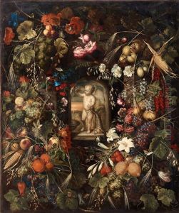 Stilleben Med Exotiska Frukter, Blommor Och Insekter Kring En Nisch Med En Staende Putti by Ottmar Elliger the Elder