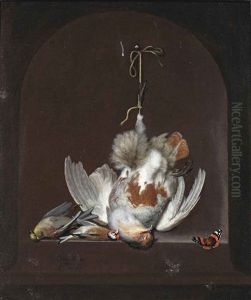 A Partridge, A Goldfinch, A Yellowhammer And A Red Admiral On A Marble Ledge In A Niche