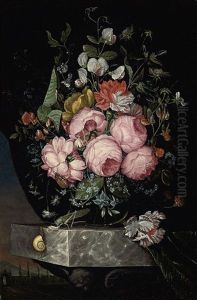 Roses, A Parrot Tulip, Carnations And Other Flowers In A Glass Vase On A Marble Ledge With A Snail, A Beetle And A Cricket