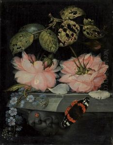 Stilleben Mit Teerosen Und Vergissmeinicht Auf Einer Marmorplinthe, Im Vordergrund Ein Roter Admiralfalter Und Ein Marienkafer by Ottmar Elliger the Elder