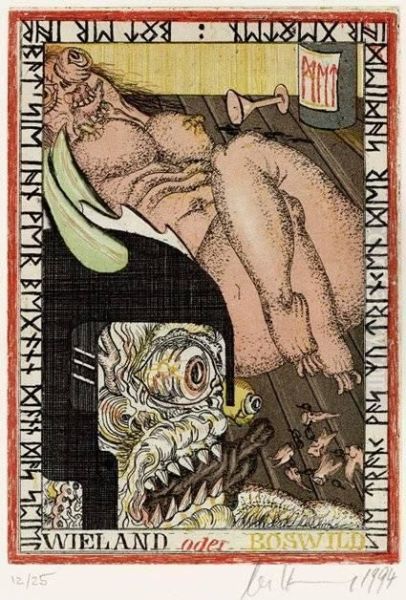 Rotbrauner Olederband Mit Gepragter Deckel-illustration, Stehkantenpragung Und Kopfgoldschnitt (entwurf: Uwe Bremer) In Opappschuber - view 1