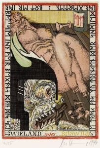 Rotbrauner Olederband Mit Gepragter Deckel-illustration, Stehkantenpragung Und Kopfgoldschnitt (entwurf: Uwe Bremer) In Opappschuber by Hans Artmann