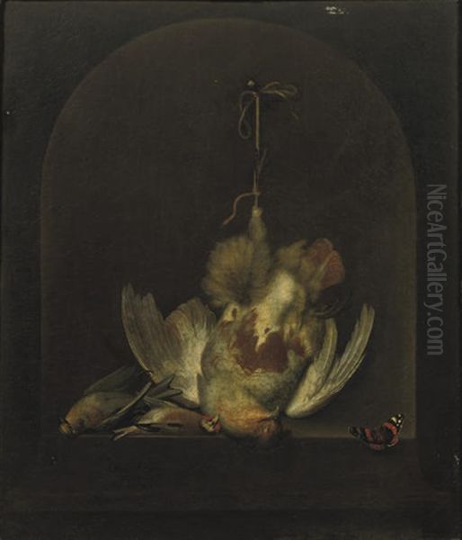 A Dead Partridge Hanging From A Nail With Two Other Dead Birds In A Painted Niche - view 1