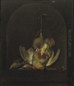 A Dead Partridge Hanging From A Nail With Two Other Dead Birds In A Painted Niche by Ottmar Elliger the Elder