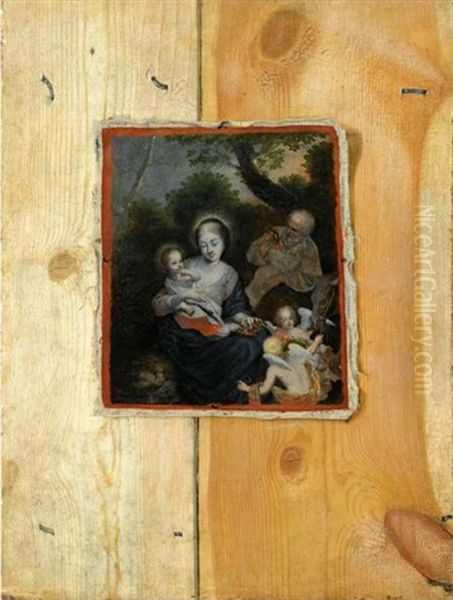 An Unstretched Canvas With A Representation Of The Holy Family, Affixed To A Wall - view 1