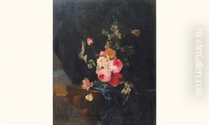 Nature Morte De Fleurs Retenues Par Un Ruban Bleu Au Dessus D'une Console