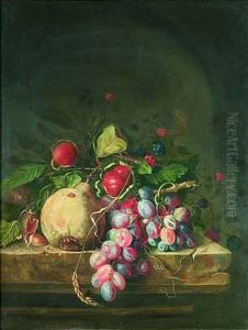 Eine Birne, Trauben, Kastanien, Haselnusse, Brombeeren Und Ahren Auf Einer Steinernen Plinthe Eine Birne, Trauben, Kastanien, Haselnusse, Brombeeren Und Ahren Auf Einer Steinernen Plinthe