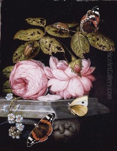 A Still Life With Sprigs Of Guelder-rose And Forget-me-not Resting On A Sculpted Marble Ledge, And Red Admiral Butterflies And A Cabbage White, And Large Bugs - view 1