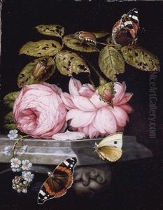 A Still Life With Sprigs Of Guelder-rose And Forget-me-not Resting On A Sculpted Marble Ledge, And Red Admiral Butterflies And A Cabbage White, And Large Bugs by Ottmar Elliger the Elder