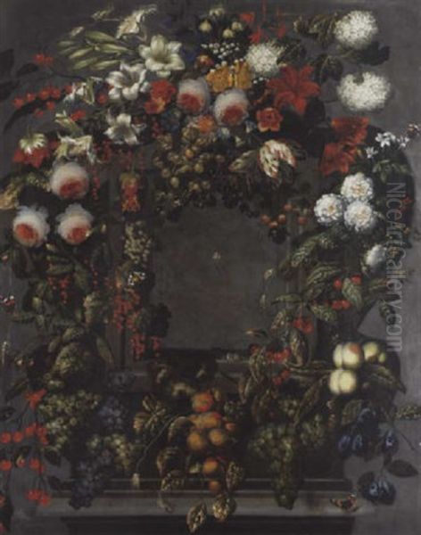 A Garland Of Lilles, Rose, Tulips And Other Flowers With Bunches Of Grapes On The Vine And Other Fruit Around A Stone Niche With A Spider - view 1