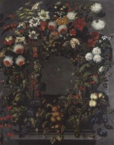 A Garland Of Lilles, Rose, Tulips And Other Flowers With Bunches Of Grapes On The Vine And Other Fruit Around A Stone Niche With A Spider by Ottmar Elliger the Elder