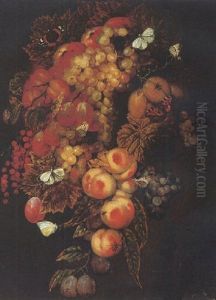 A Swag Of Grapes, Prunes, Peaches, Pomegranates With Butterflies And A Beetle by Ottmar Elliger the Elder