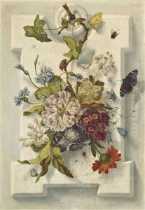 Parrot Tulips, Narcissi, Convolvulus And Other Flowers, With A Red Admiral Butterfly, A Beetle And Other Insects by Ottmar Elliger the Younger