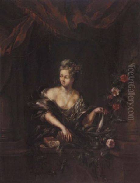 A Young Girl With Fish And Bread At A Balcony - view 1