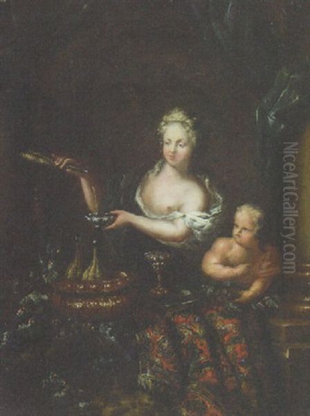 A Woman Pouring Wine With A Child At A Casement - view 1