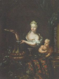 A Woman Pouring Wine With A Child At A Casement