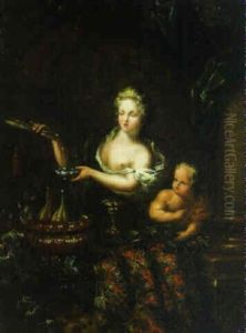 A Young Woman Pouring Wine With A Child At A Draped Casement A Young Woman Pouring Wine With A Child At A Draped Casement
