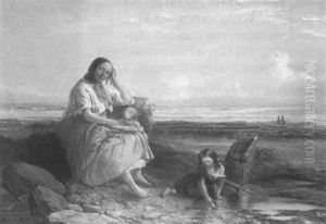 Mother And Children With Shrimping Nets, Seated On A Rocky Shore by Robinson Elliott