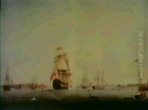 A British Man Of War And Other Shipping In Portsmouth       Harbour by Thomas (Captain) Elliott