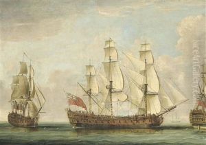 The Honourable (east India) Company's Ship Bessborough In Three Positions In The Channel With Her Decks Crowded With People by William Elliott
