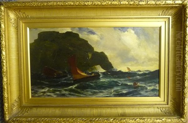 Figures In Fishing Boats Off A Rocky Coastline - view 1