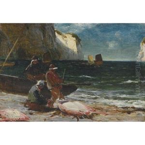 Landing Fish - Hauling From North Landing Flamborough (+ Robin Hood's Bay, Yorkshire; 2 Works) by Edwin Ellis