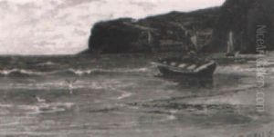 A Rowing Boat On A Beach With A Harbour Beyond by Edwin Ellis
