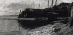 Sailing Vessels At Low Tide by Edwin Ellis