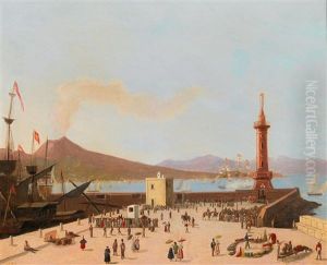 Naples, The Pier With The Lantern, Vesuvius In The Background by Joseph Francis Ellis
