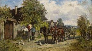 Pferdefuhrwerk Vor Einem Bauernhaus