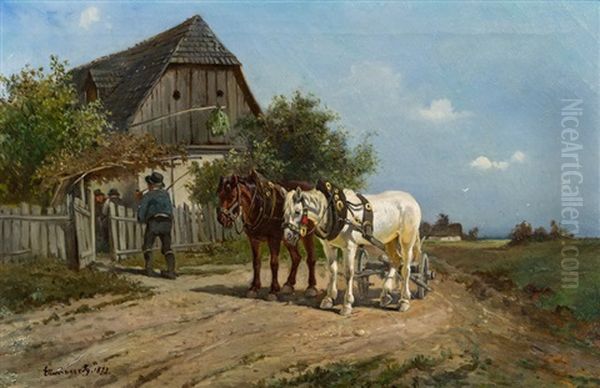 Pferdefuhrwerk Vor Einem Heurigen - view 1