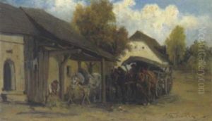 Bauernfuhrwerk Vor Einer Wirtschaft