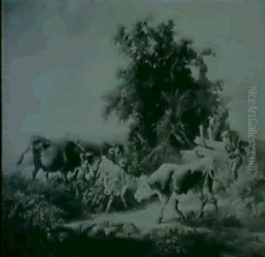 A Young Drover With Cattle By A Stream by Ignaz Ellminger
