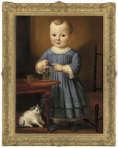 Portrait Of A Child With A Bird And Cat