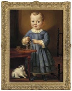 Portrait Of A Child With Bird And Cat