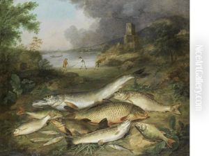 Pike, Trout, Carp, Perch And Other Fish On A River Bank by Stephen Elmer