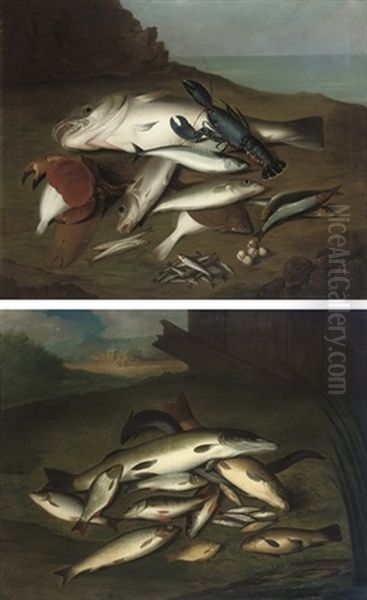 Trout, Salmon, Pike, Perch And Other Fish On A Bank (+ Cod, Mackerel, Herring, Sardines; Pair) - view 1