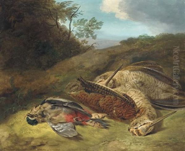A Dead Woodcock And A Great Spotted Woodpecker In A Landscape - view 1
