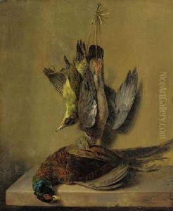 Pigeon, Woodpecker And A Pheasant On A Stone Ledge by Stephen Elmer