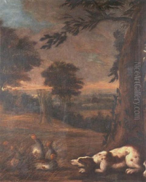 A Spaniel Flushing Out Partridge In An Autumn Landscape - view 1